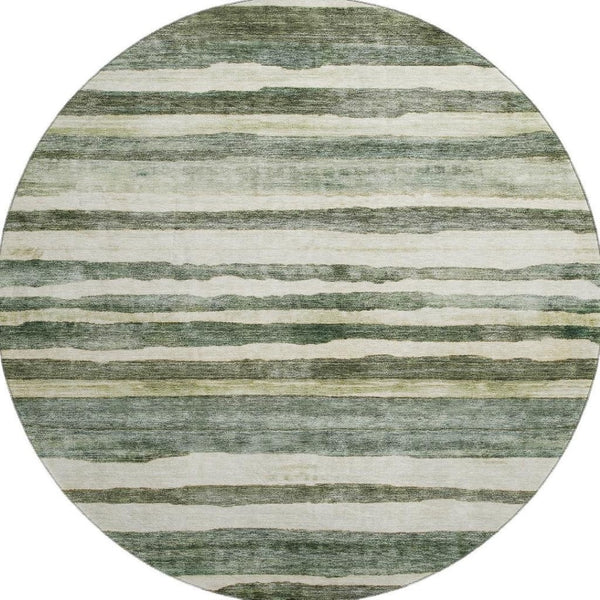 HomeRoots 8' Sage Ivory And Beige Striped Round Rug - Washable, UV Resistant, Durable for Family Spaces & Decor 688270