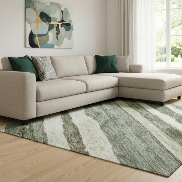 HomeRoots 8' X 10' Sage Ivory And Beige Striped Area Rug - Washable, UV Resistant, Stylish for Busy Homes! 688271