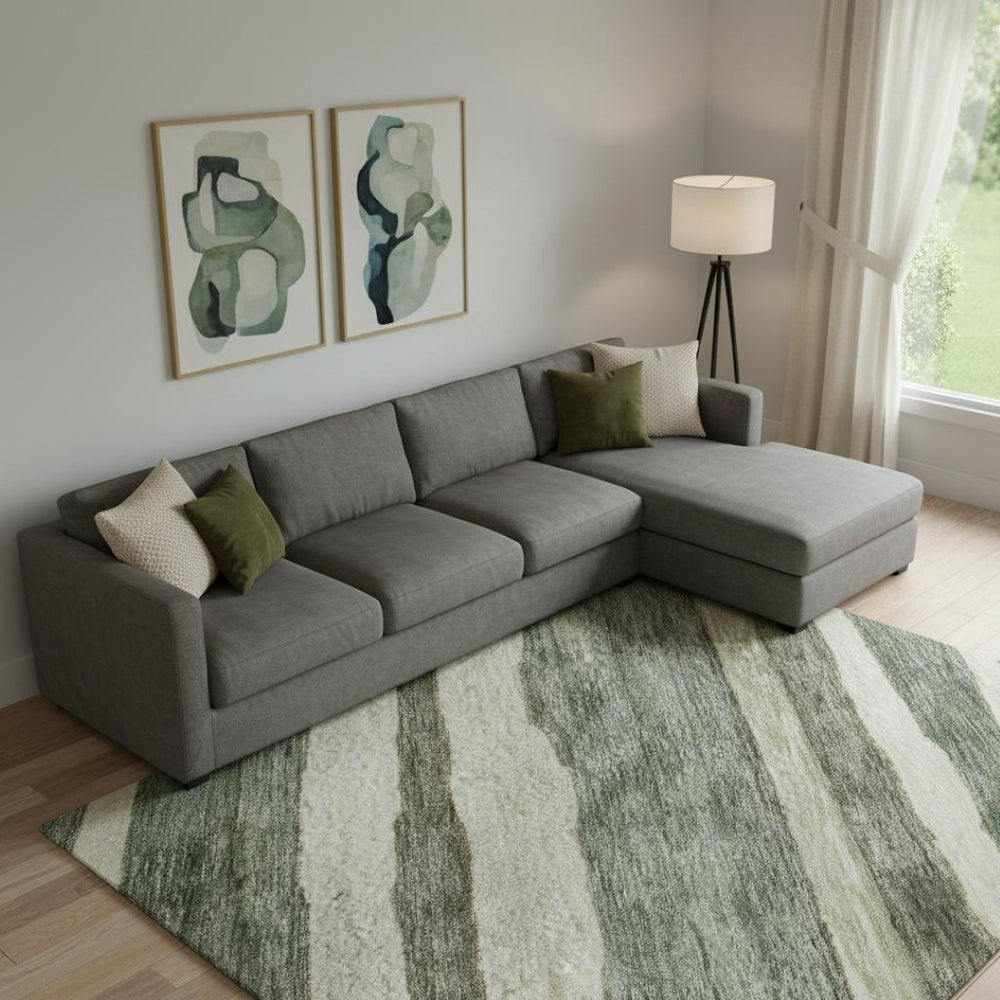 HomeRoots 9' X 12' Striped Sage Ivory & Beige Washable Area Rug with UV Protection for Stylish Homes 688272