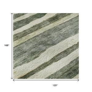 HomeRoots 10' X 14' Sage Ivory Beige Striped Area Rug - Washable, UV Protected, Perfect for High-Traffic Areas 688273