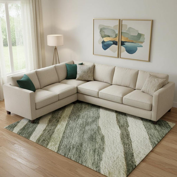 HomeRoots 10' X 14' Sage Ivory Beige Striped Area Rug - Washable, UV Protected, Perfect for High-Traffic Areas 688273