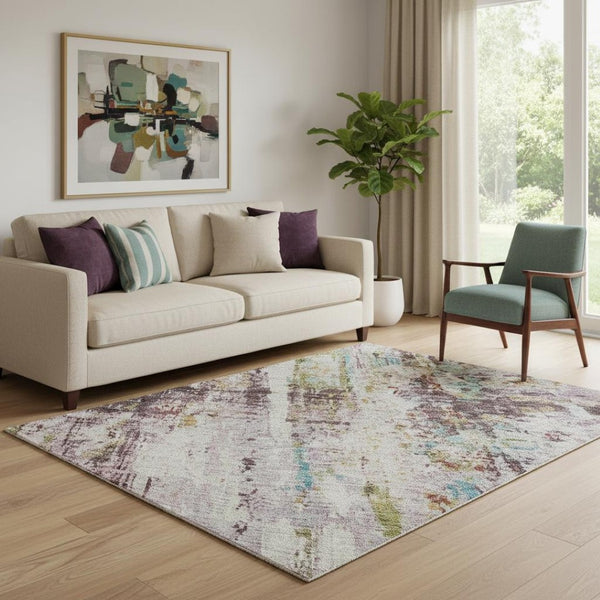 HomeRoots 5' X 8' Stylish Lavender Green and Teal Abstract Area Rug - Washable, UV Protected, Stain Resistant! 688281