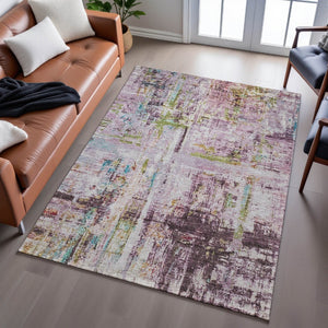 HomeRoots 5' X 8' Stylish Lavender Green and Teal Abstract Area Rug - Washable, UV Protected, Stain Resistant! 688281