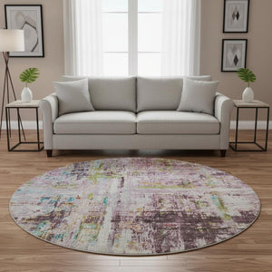 HomeRoots 8' Stylish Abstract Round Rug in Lavender Green & Teal - Washable, UV Protected, Perfect for Homes! 688282