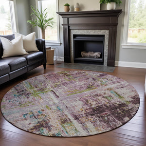 HomeRoots 8' Stylish Abstract Round Rug in Lavender Green & Teal - Washable, UV Protected, Perfect for Homes! 688282