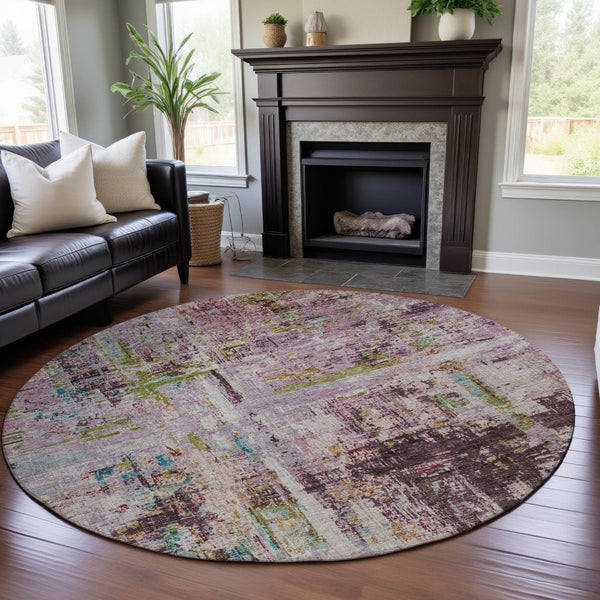 HomeRoots 8' Stylish Abstract Round Rug in Lavender Green & Teal - Washable, UV Protected, Perfect for Homes! 688282