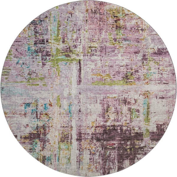 HomeRoots 8' Stylish Abstract Round Rug in Lavender Green & Teal - Washable, UV Protected, Perfect for Homes! 688282