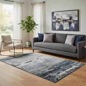 HomeRoots 5' X 8' Washable Abstract Area Rug in Navy, Gray & Silver – Stain Resistant with UV Protection! 688287