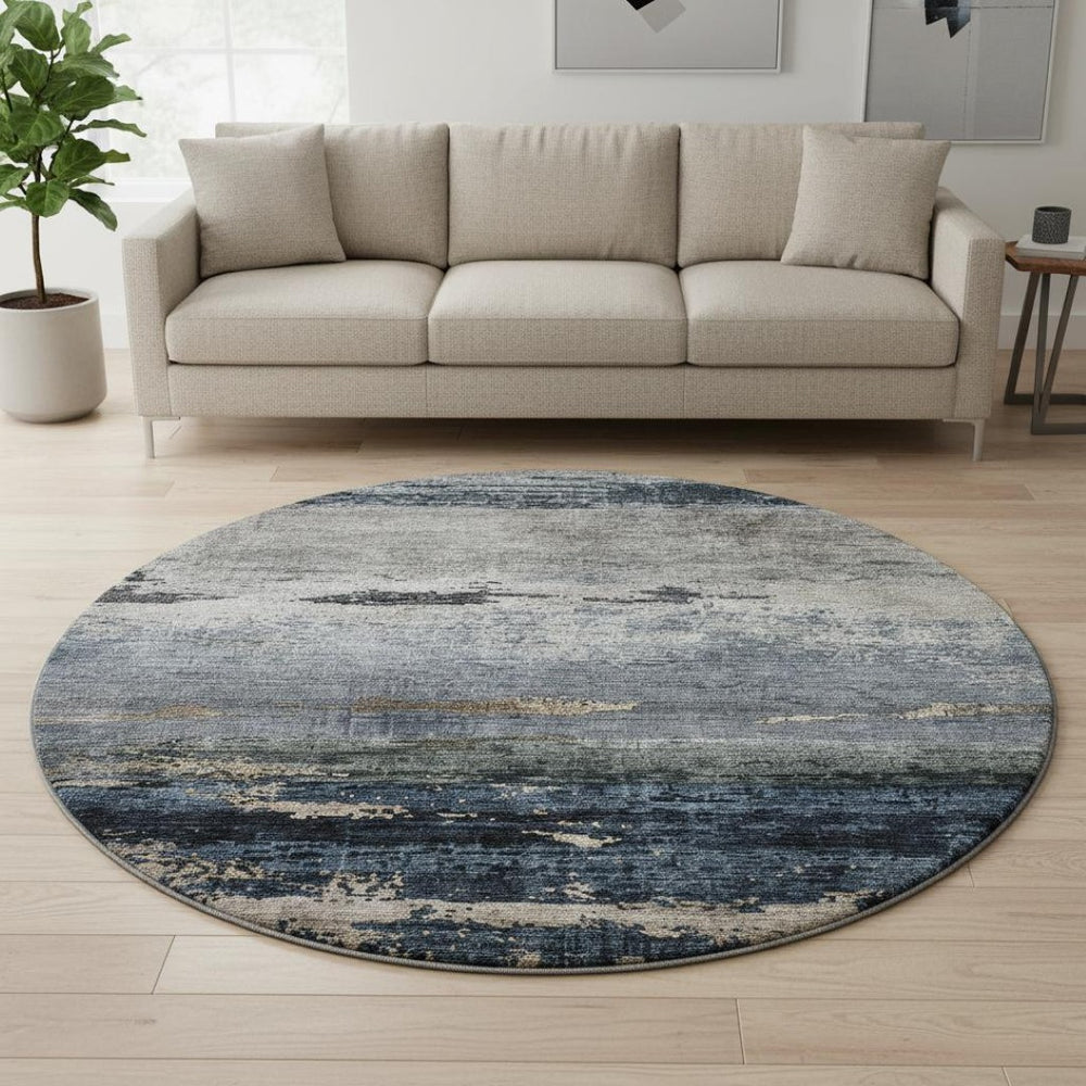 HomeRoots 8' Navy Blue, Gray & Silver Abstract Washable Round Rug - Stain Resistant, UV Protected, Easy Care! 688288