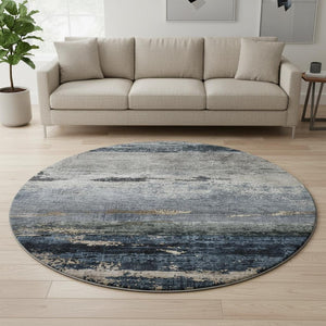 HomeRoots 8' Navy Blue, Gray & Silver Abstract Washable Round Rug - Stain Resistant, UV Protected, Easy Care! 688288