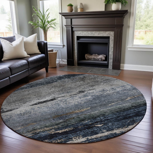 HomeRoots 8' Navy Blue, Gray & Silver Abstract Washable Round Rug - Stain Resistant, UV Protected, Easy Care! 688288