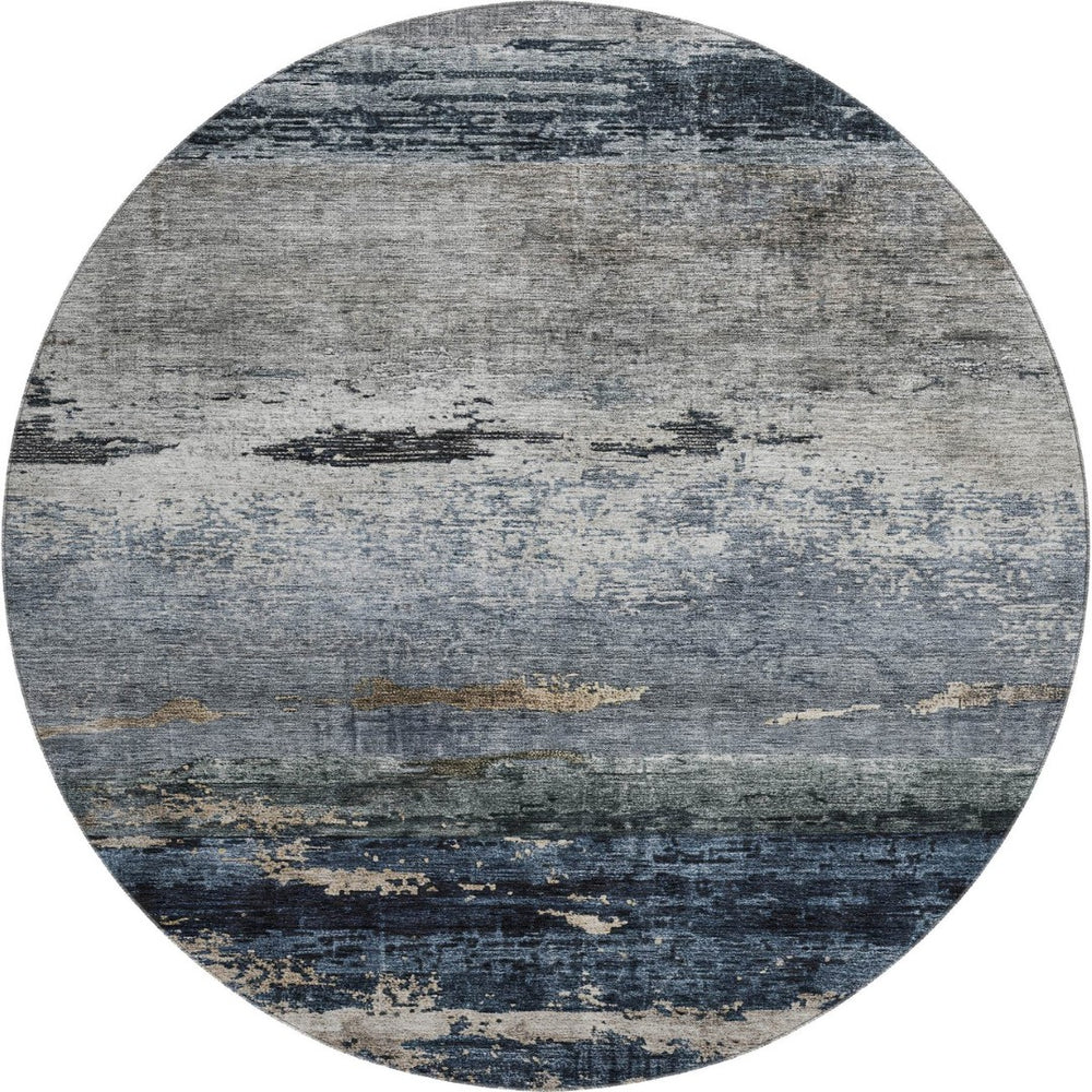 HomeRoots 8' Navy Blue, Gray & Silver Abstract Washable Round Rug - Stain Resistant, UV Protected, Easy Care! 688288