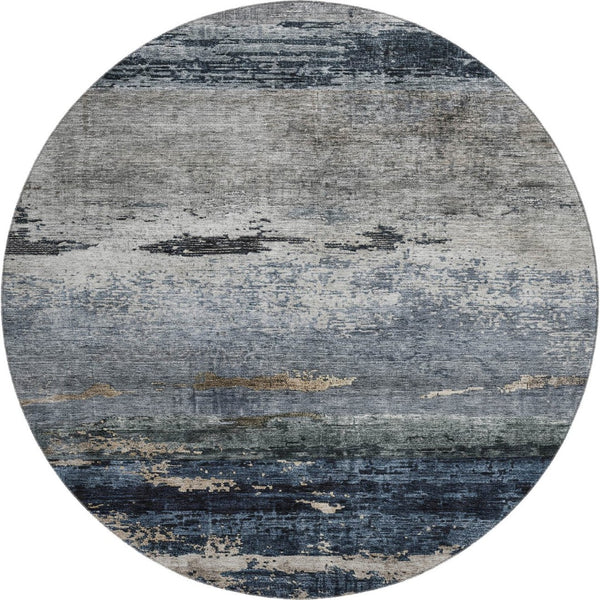 HomeRoots 8' Navy Blue, Gray & Silver Abstract Washable Round Rug - Stain Resistant, UV Protected, Easy Care! 688288