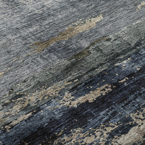 HomeRoots 8' Navy Blue, Gray & Silver Abstract Washable Round Rug - Stain Resistant, UV Protected, Easy Care! 688288