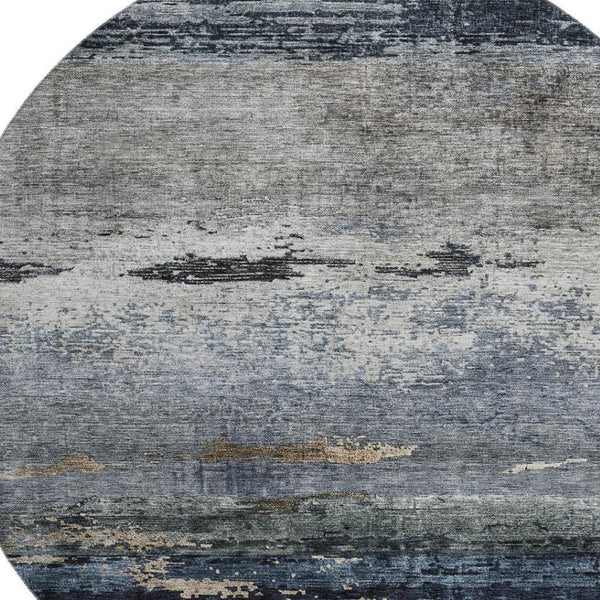 HomeRoots 8' Navy Blue, Gray & Silver Abstract Washable Round Rug - Stain Resistant, UV Protected, Easy Care! 688288