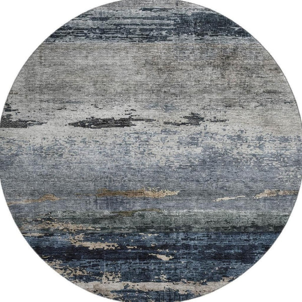 HomeRoots 8' Navy Blue, Gray & Silver Abstract Washable Round Rug - Stain Resistant, UV Protected, Easy Care! 688288