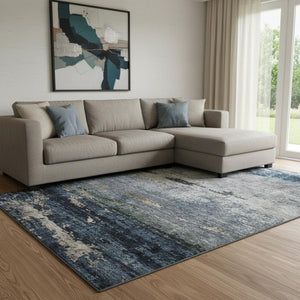HomeRoots 8' X 10' Abstract Navy Blue Gray Silver Area Rug - Washable, UV Protected, Stylish & Durable Design 688289