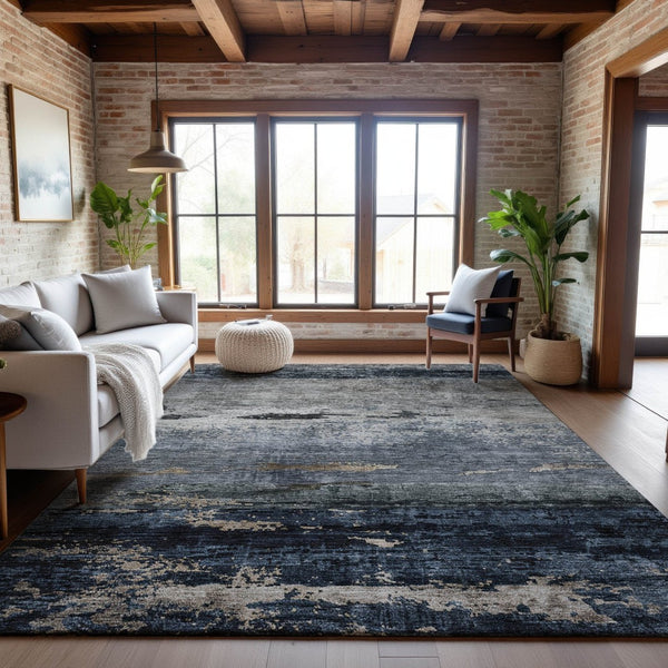 HomeRoots 8' X 10' Abstract Navy Blue Gray Silver Area Rug - Washable, UV Protected, Stylish & Durable Design 688289