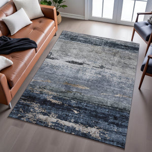 HomeRoots 8' X 10' Abstract Navy Blue Gray Silver Area Rug - Washable, UV Protected, Stylish & Durable Design 688289