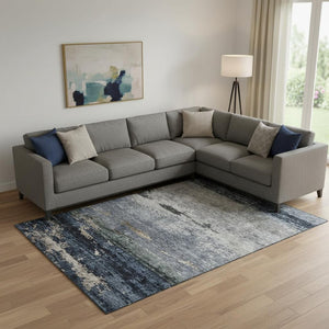 HomeRoots 9' X 12' Navy Blue Gray Silver Abstract Area Rug – Stylish, Washable, UV-Protected, Family-Friendly Design 688290