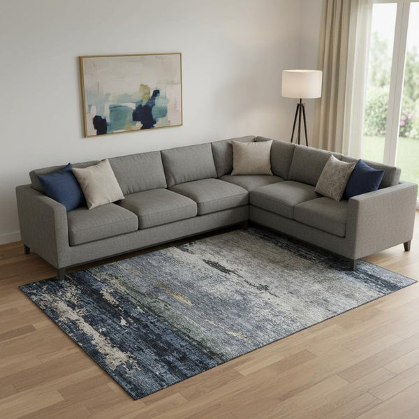 HomeRoots 9' X 12' Navy Blue Gray Silver Abstract Area Rug – Stylish, Washable, UV-Protected, Family-Friendly Design 688290