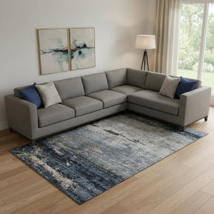 HomeRoots 10' Navy Blue, Gray & Silver Abstract Washable Area Rug - UV Protected, Durable & Easy-Care Design 688291