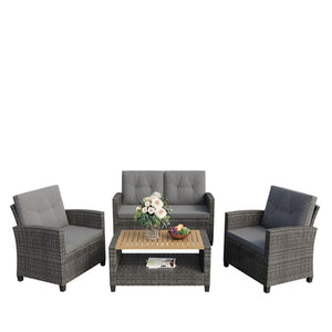 English Elm 4-piece Wicker Outdoor Conversation Set with Acacia Wood Table and Foam Cushions Grey+Brown B082S00062