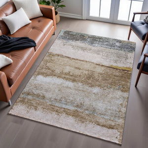 HomeRoots 5' X 8' Abstract Beige, Brown, and Gray Area Rug - Washable, UV-Protected, Durable, Stylish Design 688300