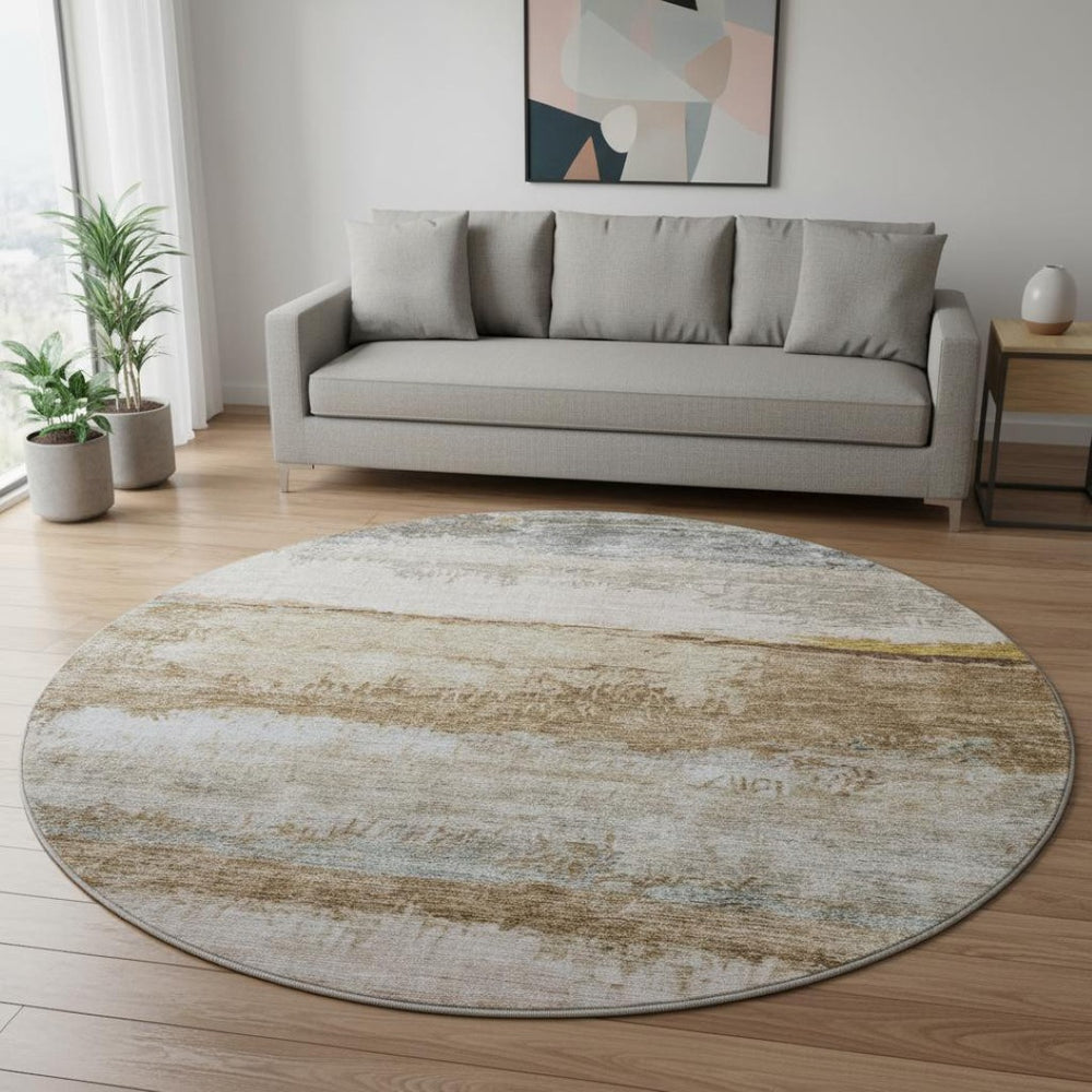 HomeRoots 8' Modern Abstract Round Rug in Beige, Brown & Gray - Washable, Stain Resistant & UV Protected! 688301