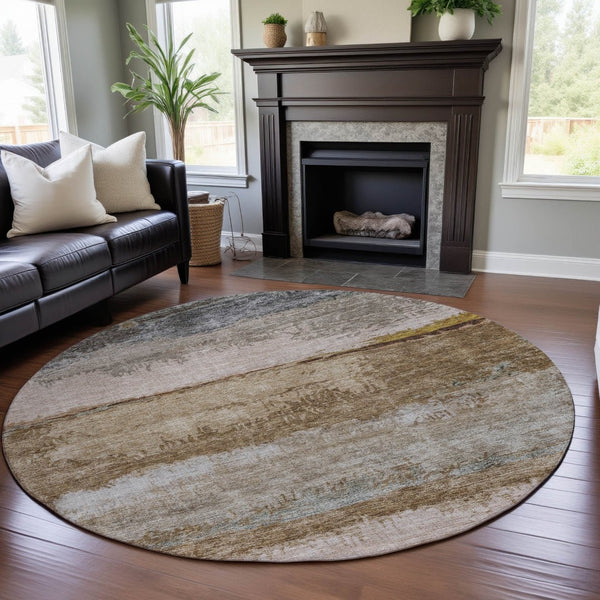 HomeRoots 8' Modern Abstract Round Rug in Beige, Brown & Gray - Washable, Stain Resistant & UV Protected! 688301