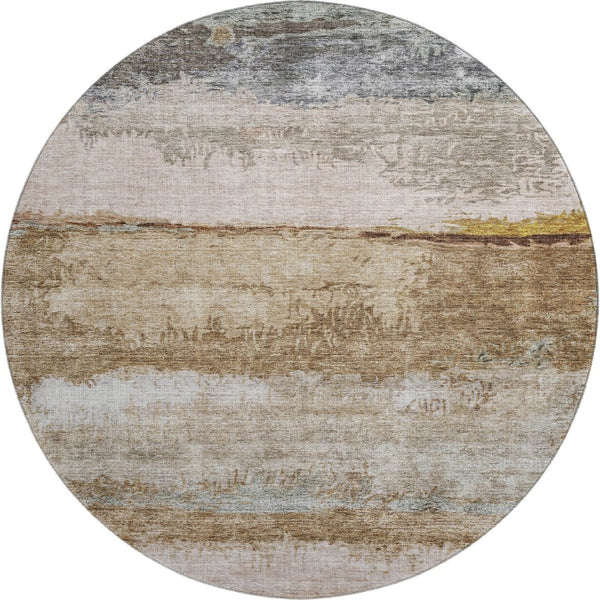 HomeRoots 8' Modern Abstract Round Rug in Beige, Brown & Gray - Washable, Stain Resistant & UV Protected! 688301
