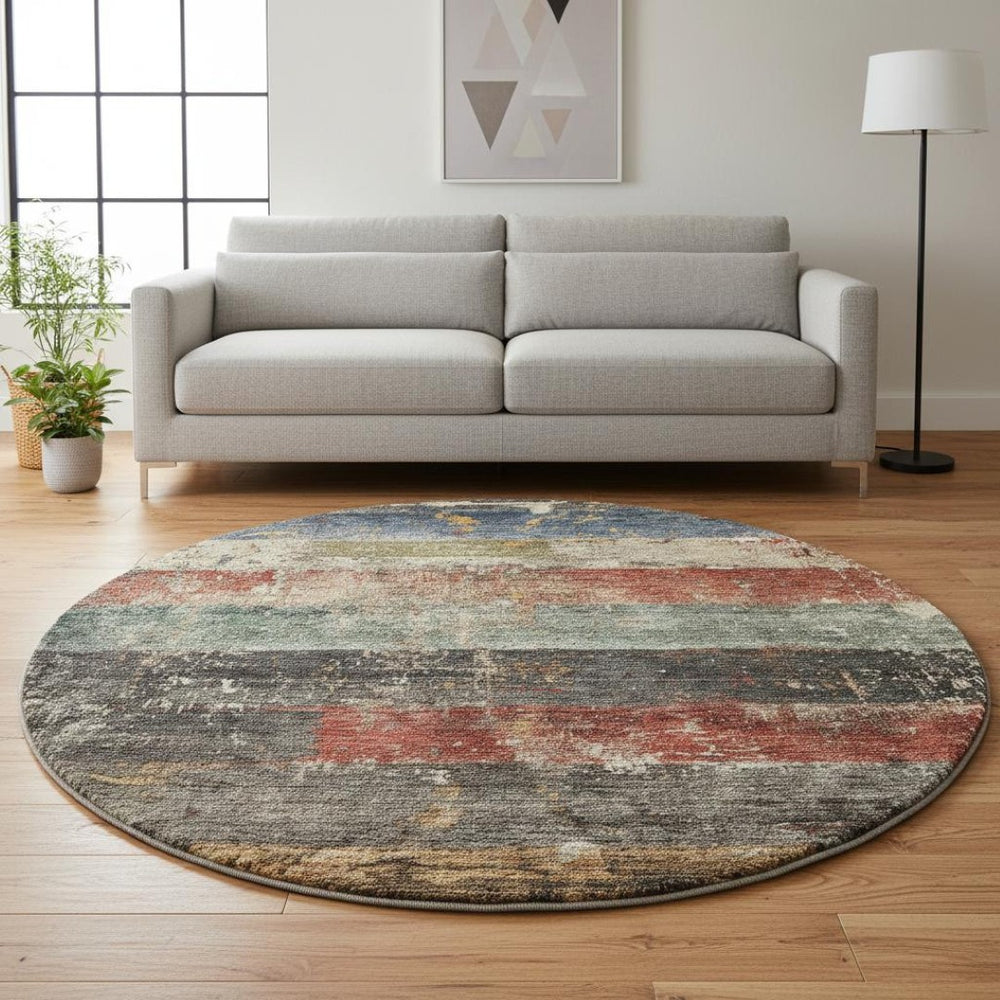 HomeRoots 8' Washable Round Rug in Fern Green, Blue & Red Stripes - UV Protected, Durable & Easy to Clean! 688307