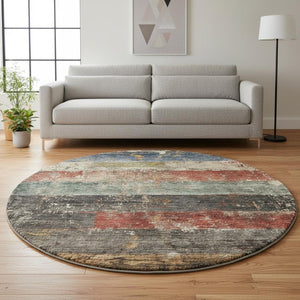 HomeRoots 8' Washable Round Rug in Fern Green, Blue & Red Stripes - UV Protected, Durable & Easy to Clean! 688307