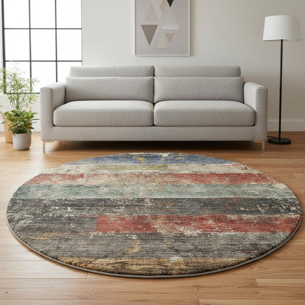 HomeRoots 8' Washable Round Rug in Fern Green, Blue & Red Stripes - UV Protected, Durable & Easy to Clean! 688307