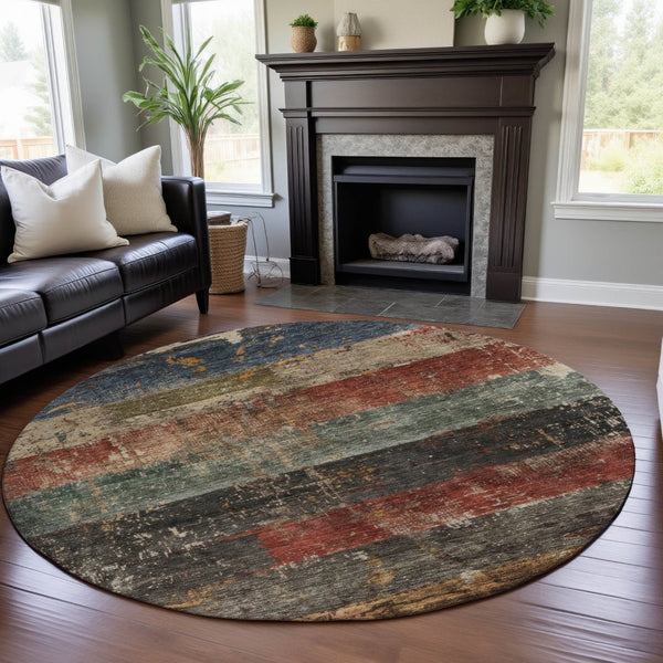 HomeRoots 8' Washable Round Rug in Fern Green, Blue & Red Stripes - UV Protected, Durable & Easy to Clean! 688307