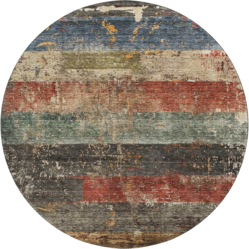 HomeRoots 8' Washable Round Rug in Fern Green, Blue & Red Stripes - UV Protected, Durable & Easy to Clean! 688307