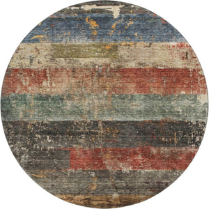 HomeRoots 8' Washable Round Rug in Fern Green, Blue & Red Stripes - UV Protected, Durable & Easy to Clean! 688307