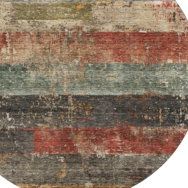 HomeRoots 8' Washable Round Rug in Fern Green, Blue & Red Stripes - UV Protected, Durable & Easy to Clean! 688307