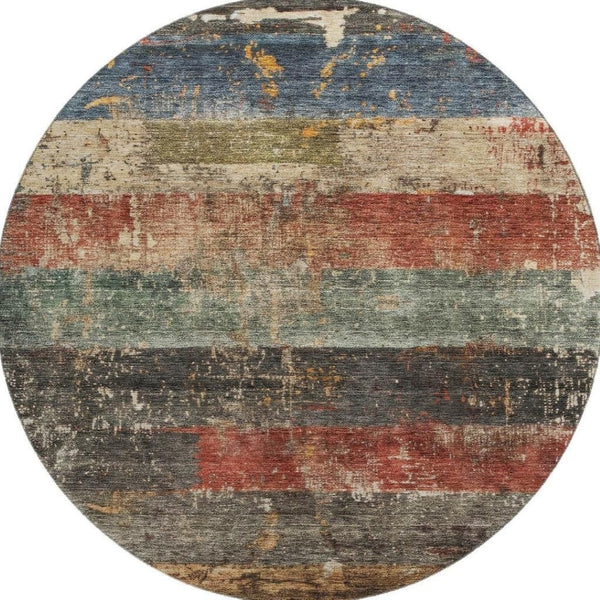 HomeRoots 8' Washable Round Rug in Fern Green, Blue & Red Stripes - UV Protected, Durable & Easy to Clean! 688307