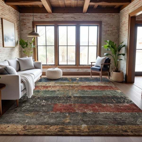 HomeRoots 10' Stylish Fern Green, Blue & Red Striped Washable Area Rug with UV Protection for Easy Care & Durability 688310