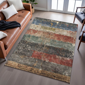 HomeRoots 10' Stylish Fern Green, Blue & Red Striped Washable Area Rug with UV Protection for Easy Care & Durability 688310