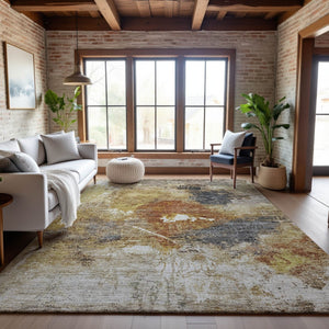 HomeRoots 5' Taupe Gold Blue Abstract Area Rug - Washable, UV Protected, Stain-Resistant for Modern Homes 688312