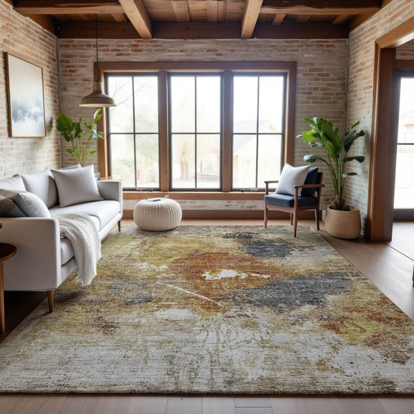 HomeRoots 5' Taupe Gold Blue Abstract Area Rug - Washable, UV Protected, Stain-Resistant for Modern Homes 688312