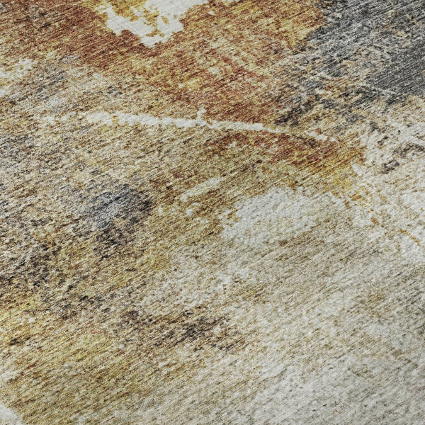HomeRoots 5' Taupe Gold Blue Abstract Area Rug - Washable, UV Protected, Stain-Resistant for Modern Homes 688312