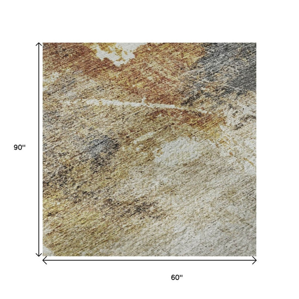 HomeRoots 5' Taupe Gold Blue Abstract Area Rug - Washable, UV Protected, Stain-Resistant for Modern Homes 688312