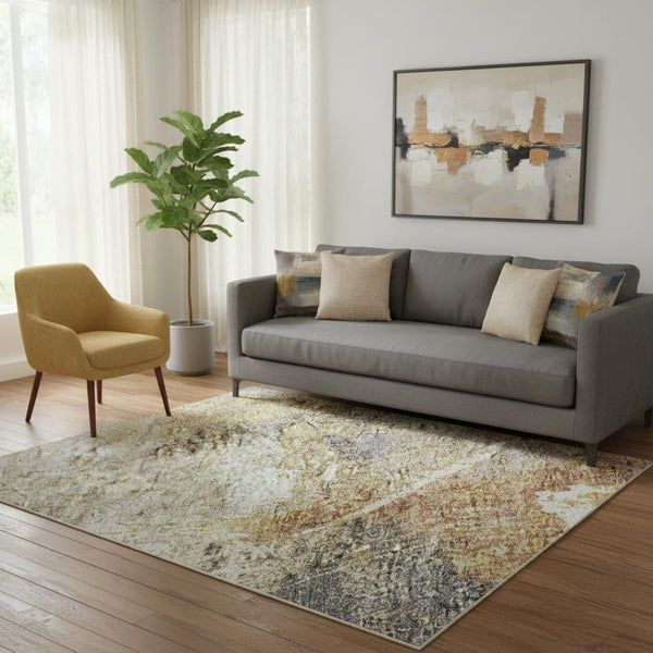 HomeRoots 5' Taupe Gold Blue Abstract Area Rug - Washable, UV Protected, Stain-Resistant for Modern Homes 688312