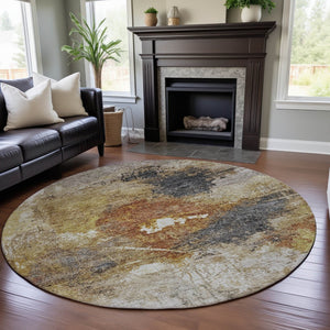 HomeRoots 8' Taupe Gold and Blue Abstract Washable Round Rug – UV Protected, Durable, Stylish & Easy Care! 688313