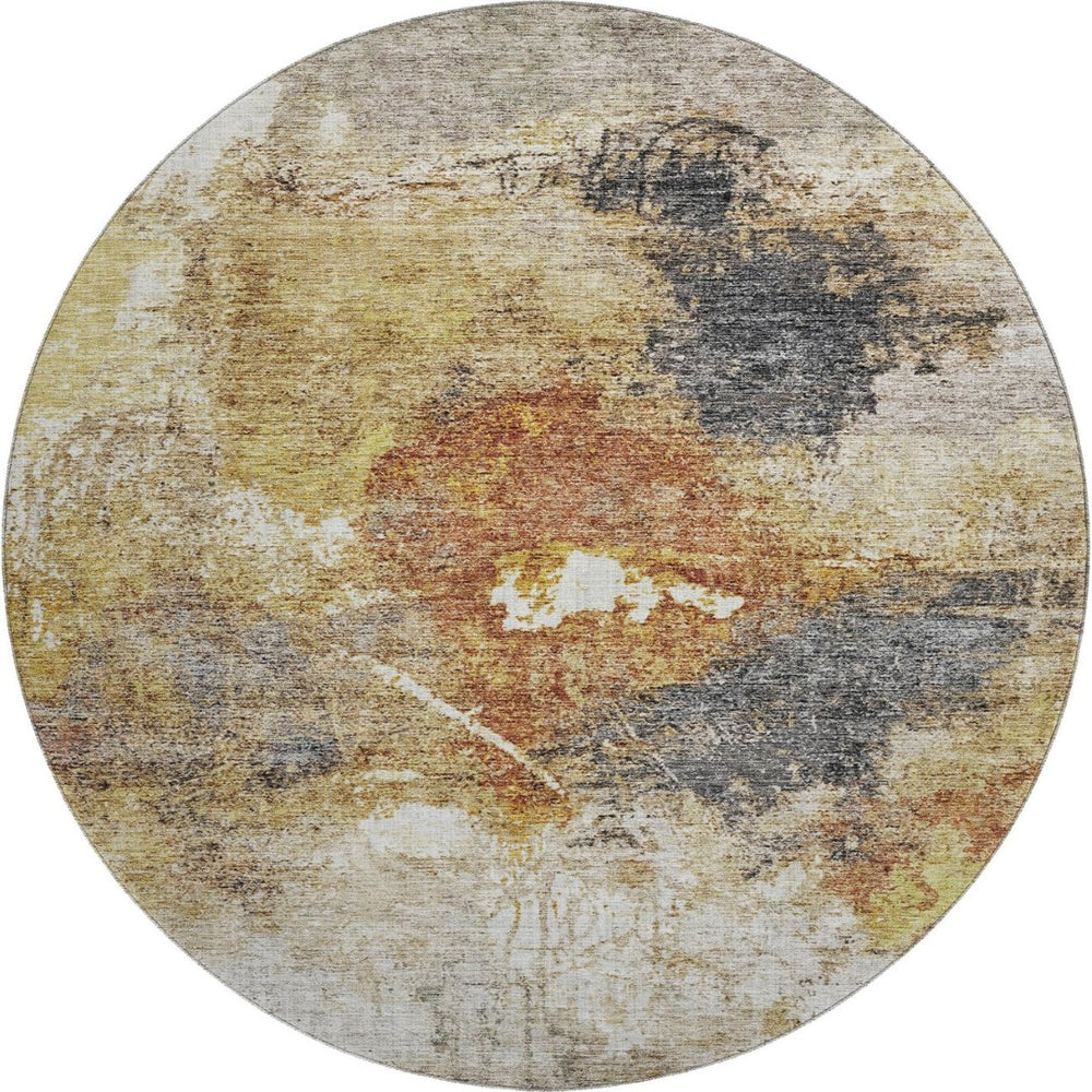 HomeRoots 8' Taupe Gold and Blue Abstract Washable Round Rug – UV Protected, Durable, Stylish & Easy Care! 688313