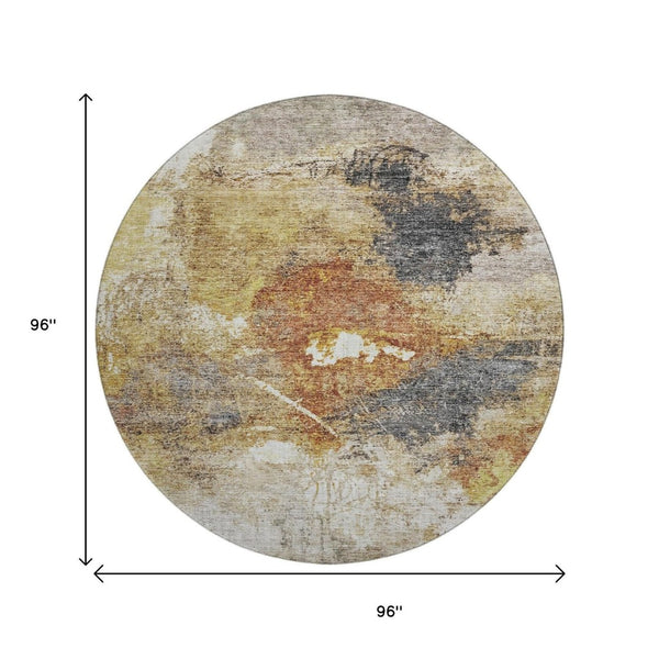 HomeRoots 8' Taupe Gold and Blue Abstract Washable Round Rug – UV Protected, Durable, Stylish & Easy Care! 688313