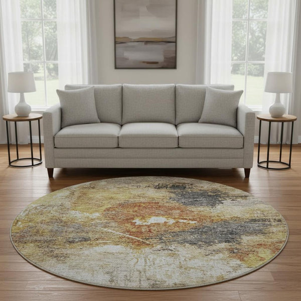 HomeRoots 8' Taupe Gold and Blue Abstract Washable Round Rug – UV Protected, Durable, Stylish & Easy Care! 688313